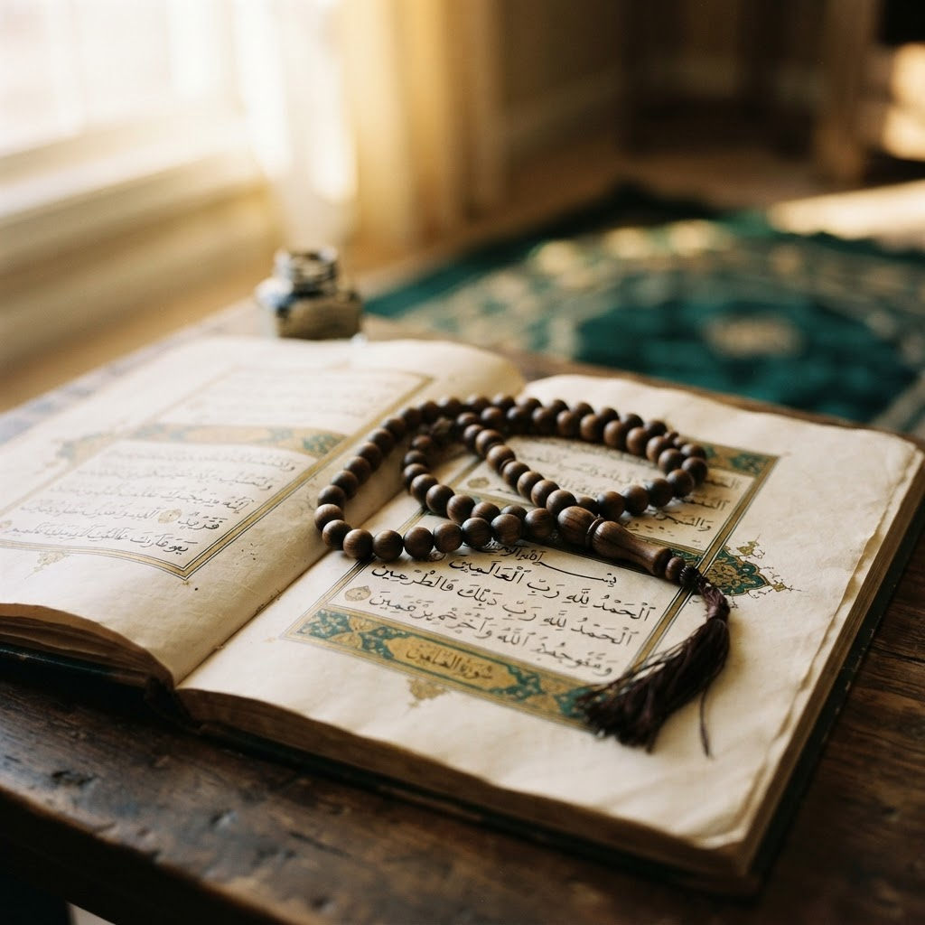 Chapelet posé sur un manuscrit, évoquant la spiritualité mouride